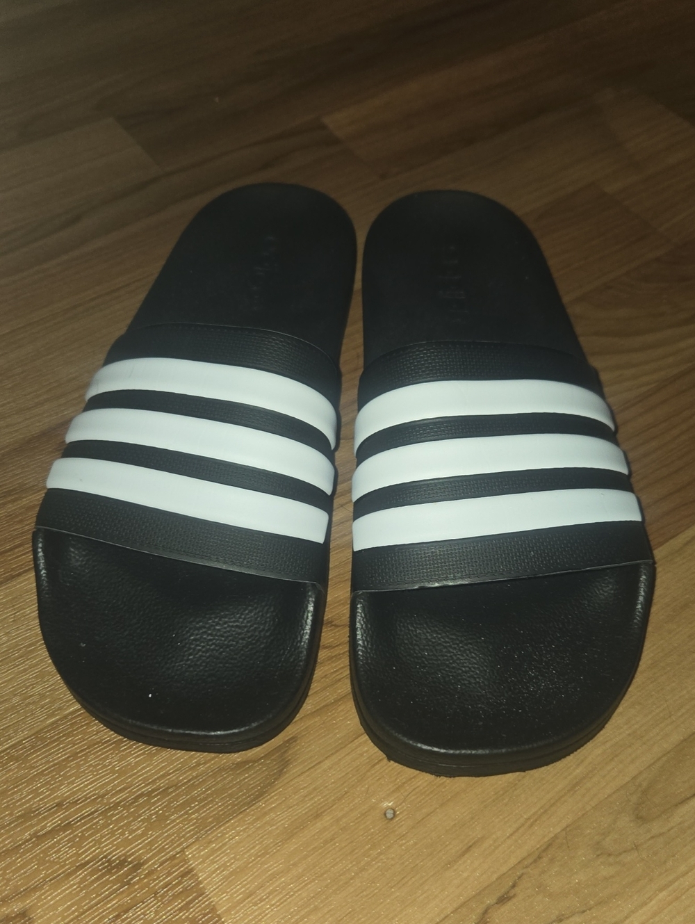 Adidas Black Slide Sandals with White Stripes